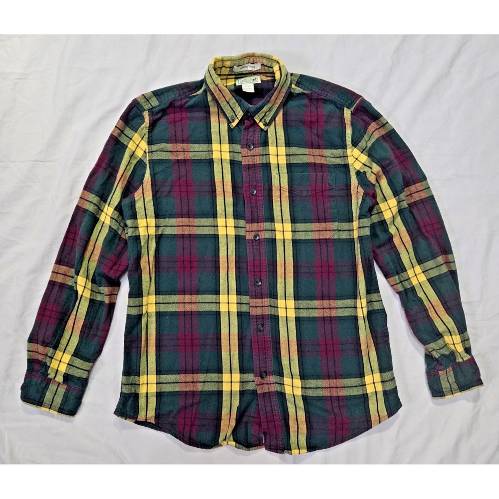 LL Bean Flannel Shirt M Green Yellow Plaid Button Up 100% Cotton Mens 298167
